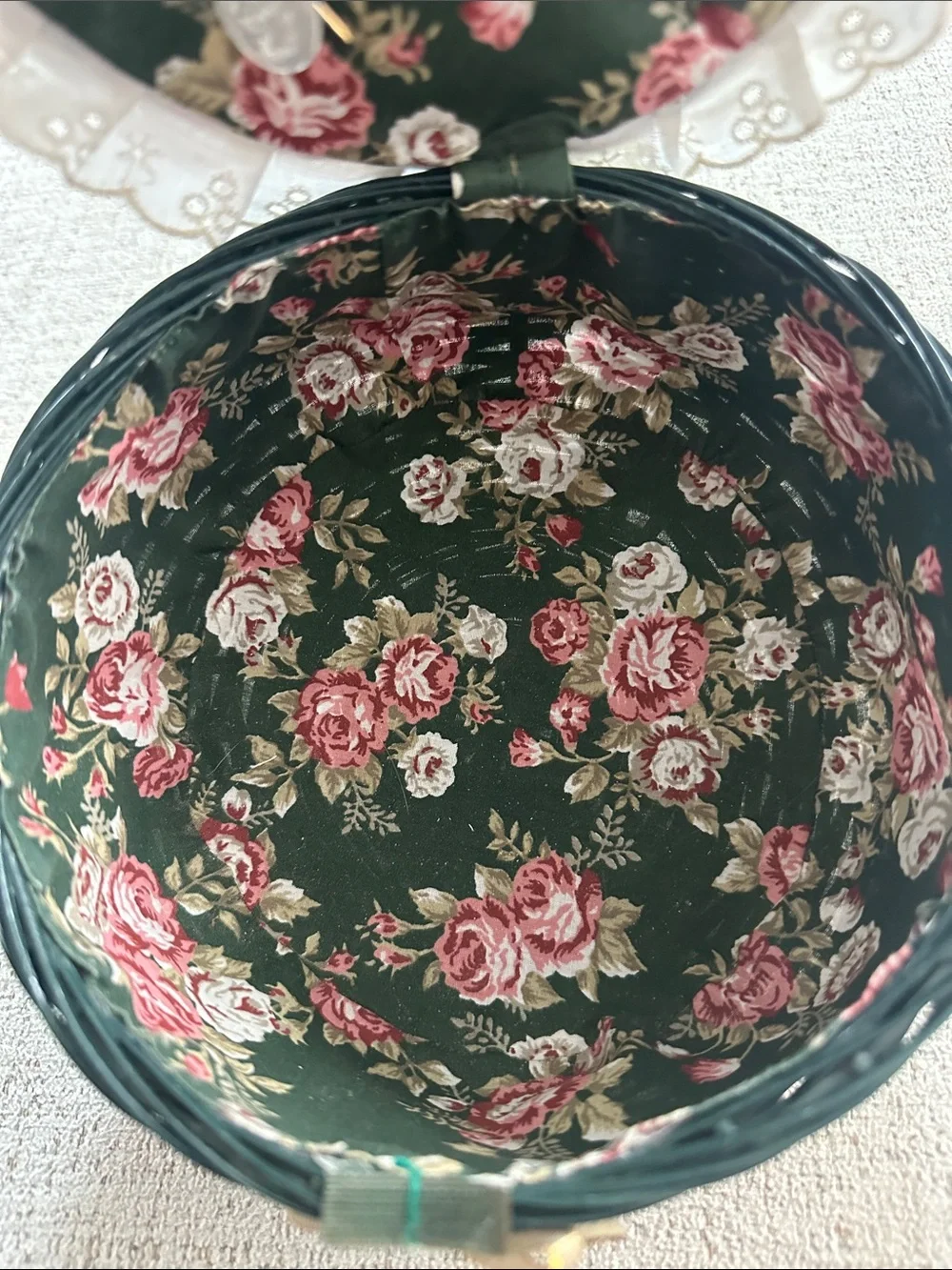 Cottagecore Dark Wicker Round Craft/Sewing Basket with Ruffled Eyelet Detail
